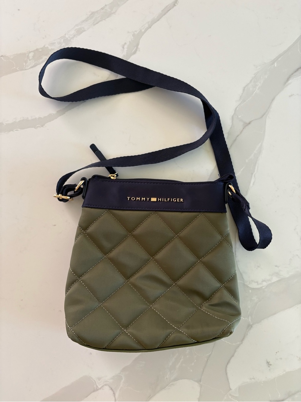Tommy Hilfiger Olive Quilted Crossbody with Navy Trim